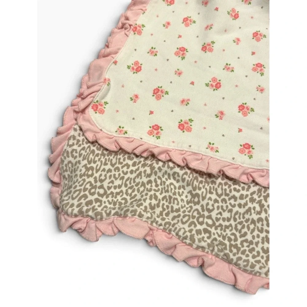 Carter's Pink Roses Ruffle Border Gray Cheetah Leopard Backing Baby Blanket